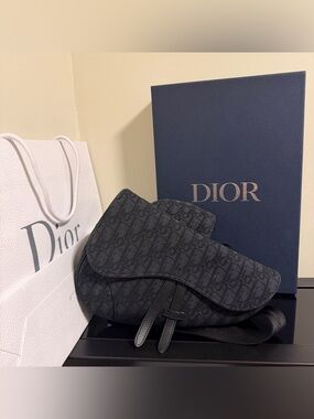 Christian Dior Black Oblique Jacquard Saddle Bag Authentic